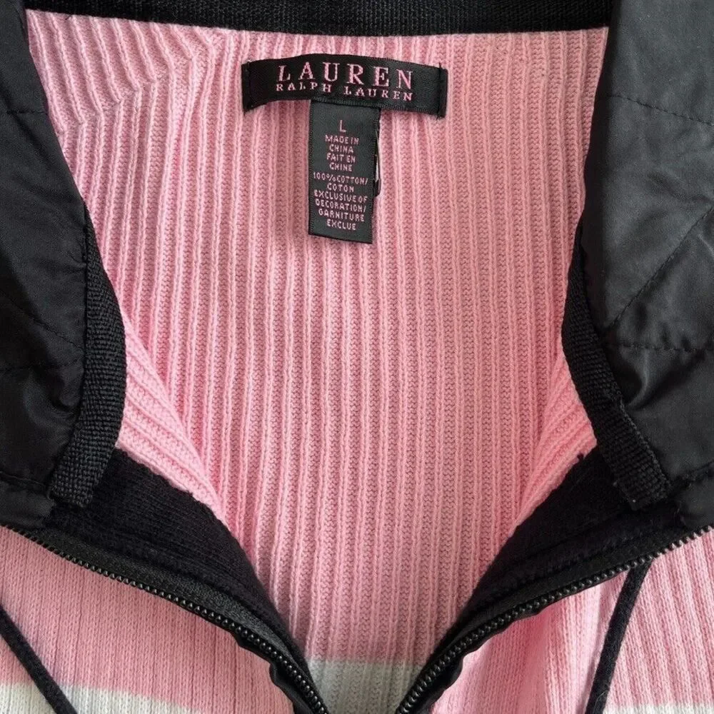Lauren Ralph Lauren Zip Up Sweater Jacket Sz L Pink Black White Striped Cotton